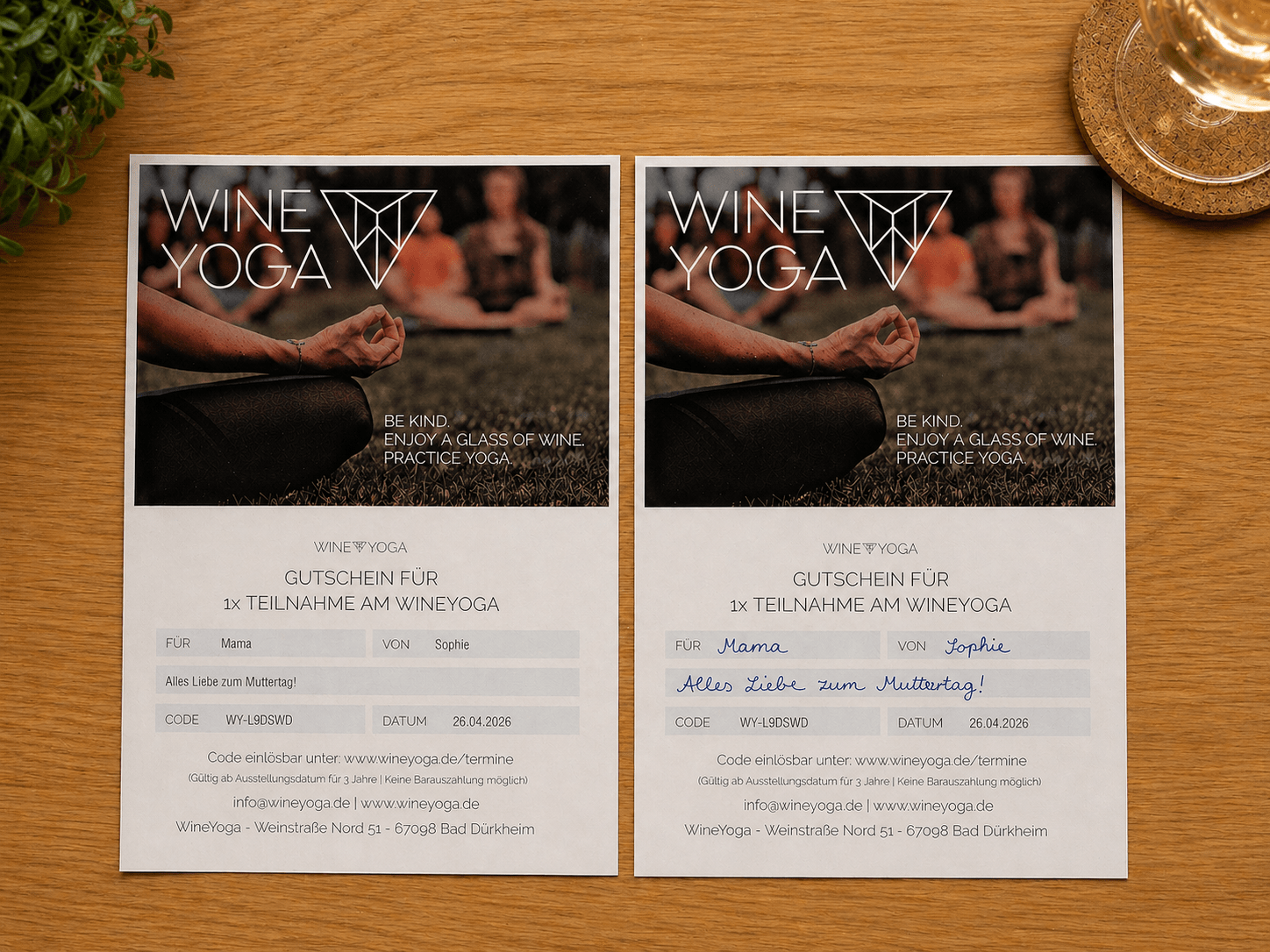 WineYoga Gutschein als Erlebnisgeschenk für die Pfalz